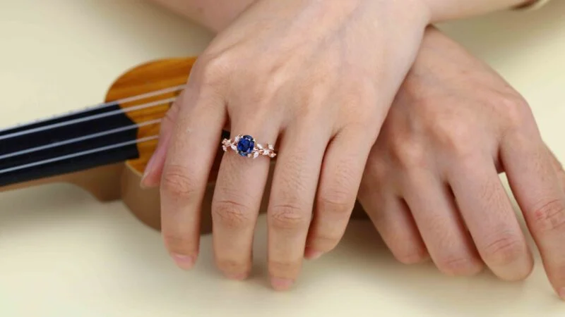 Unique Oval Cut Lab-Grown Sapphire Engagement Ring 14K Solid Gold Ring Branch Marquise Moissanite Cluster Ring