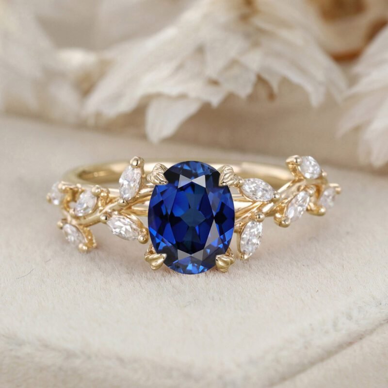 Unique Oval Cut Lab-Grown Sapphire Engagement Ring 14K Solid Gold Ring Branch Marquise Moissanite Cluster Ring
