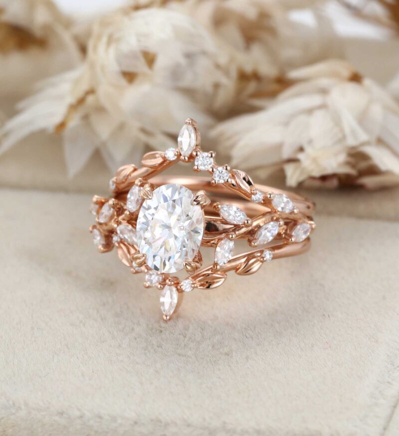 Unique Oval Cut Moissanite Engagement Ring Set Solid Gold Nature Inspired Leaf Moissanite Ring Enhancer Moissanite Ring Set Bridal Set