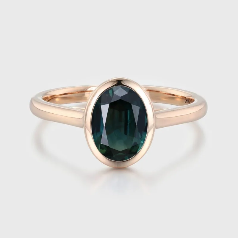 Unique Oval Cut bezel Lab Blue green sapphire engagement ring Solid 14k Rose gold ring Bezel solitaire ring Bridal ring Anniversary ring