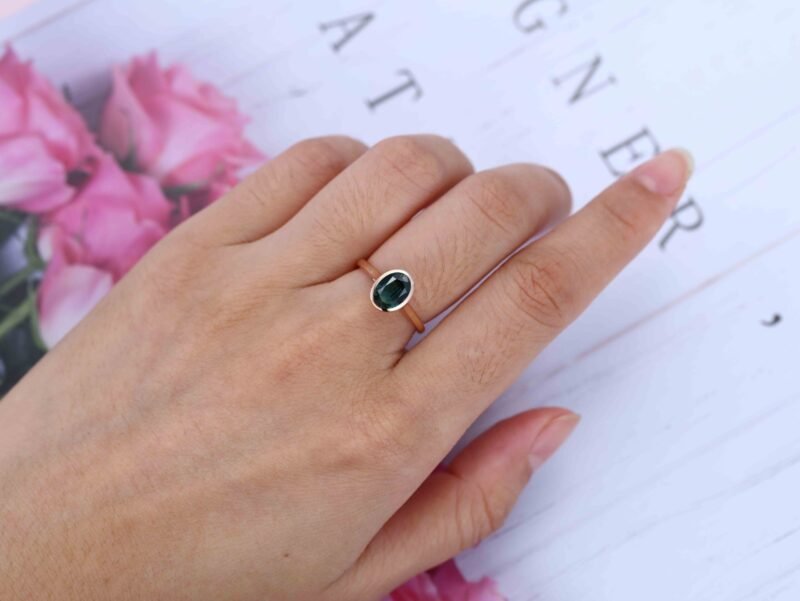 Unique Oval Cut bezel Lab Blue green sapphire engagement ring Solid 14k Rose gold ring Bezel solitaire ring Bridal ring Anniversary ring