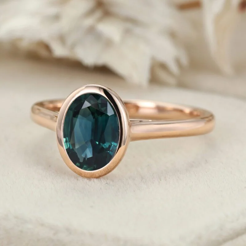 Unique Oval Cut bezel Lab Blue green sapphire engagement ring Solid 14k Rose gold ring Bezel solitaire ring Bridal ring Anniversary ring