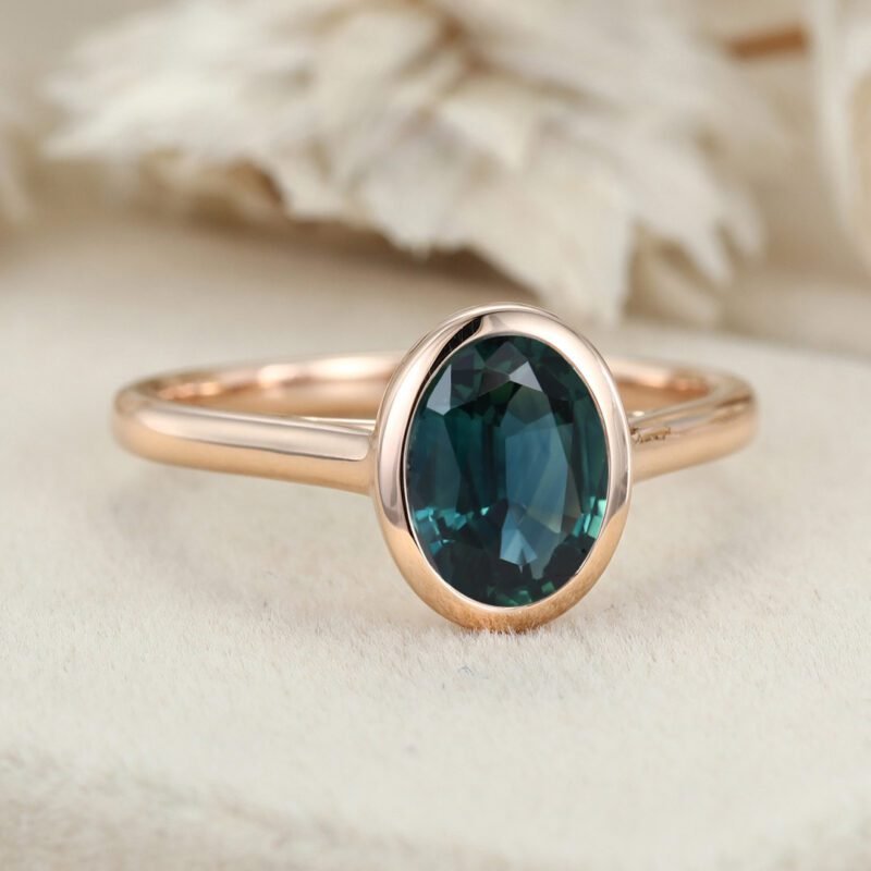 Unique Oval Cut bezel Lab Blue green sapphire engagement ring Solid 14k Rose gold ring Bezel solitaire ring Bridal ring Anniversary ring