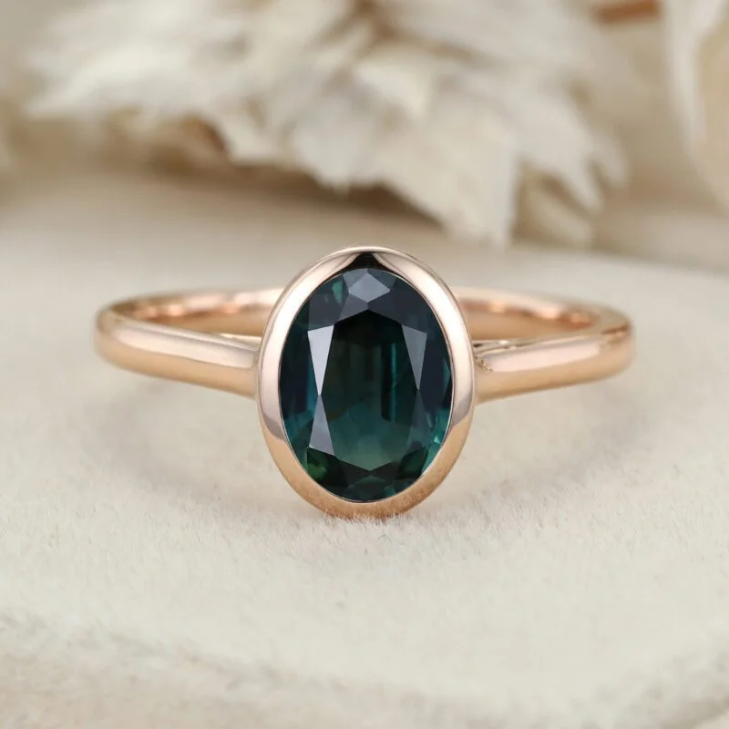 Unique Oval Cut bezel Lab Blue green sapphire engagement ring Solid 14k Rose gold ring Bezel solitaire ring Bridal ring Anniversary ring