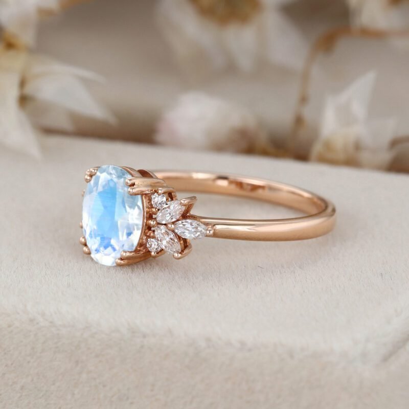 Unique Oval Moonstone Engagement Ring Solid 14k Gold Marquise Moissanite Wedding Bridal Ring Diamond engagement ring Anniversary gift Ring