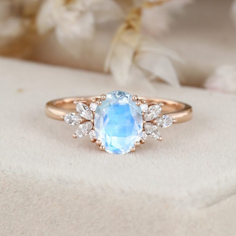 Unique Oval Moonstone Engagement Ring Solid 14k Gold Marquise Moissanite Wedding Bridal Ring Diamond engagement ring Anniversary gift Ring