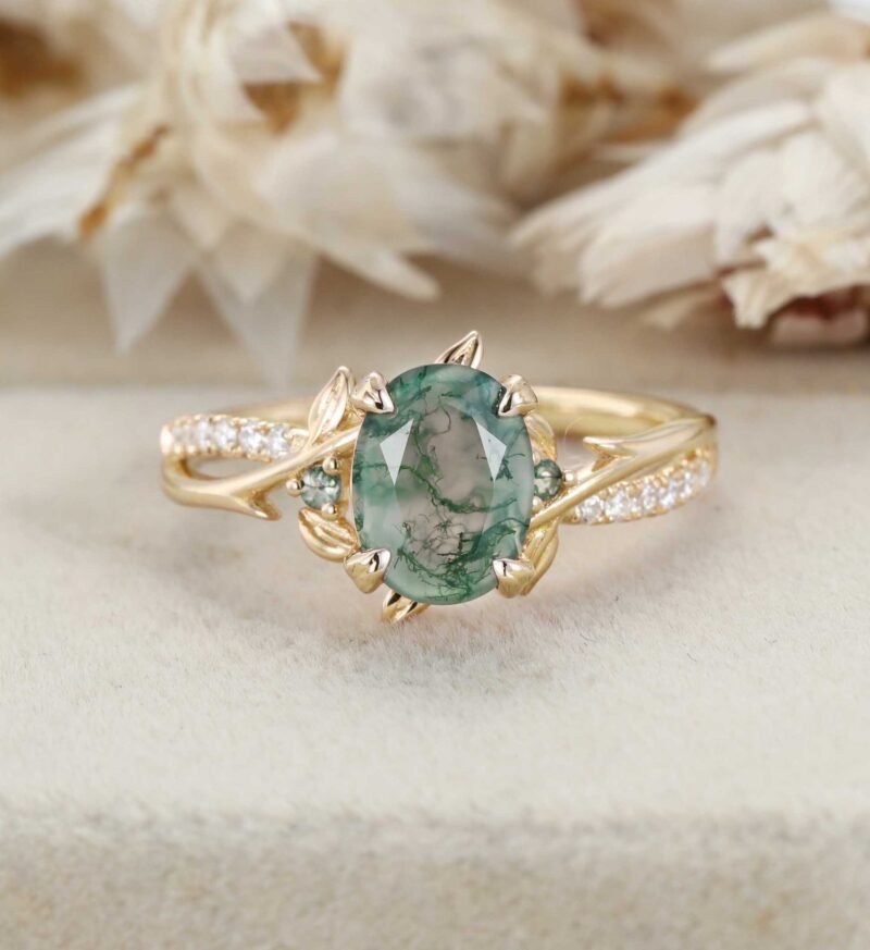 Unique Oval Moss Agate Engagement Ring Twig Leaf Moissanite Ring Nature Branch Ring Vintage art Deco Bridal Wedding Ring