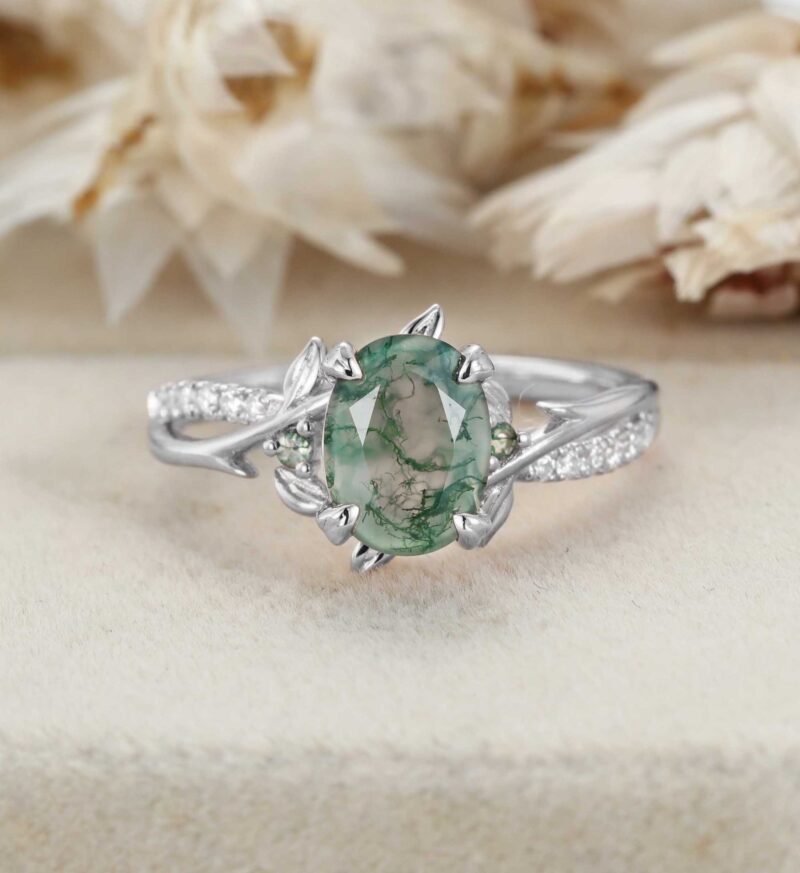 Unique Oval Moss Agate Engagement Ring Twig Leaf Moissanite Ring Nature Branch Ring Vintage art Deco Bridal Wedding Ring