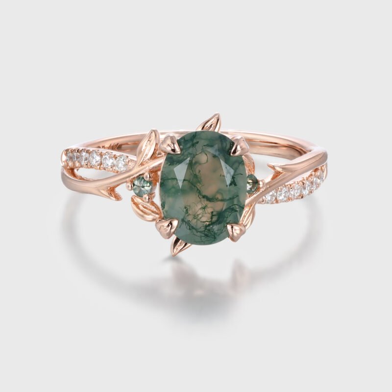 Unique Oval Moss Agate Engagement Ring Twig Leaf Moissanite Ring Nature Branch Ring Vintage art Deco Bridal Wedding Ring