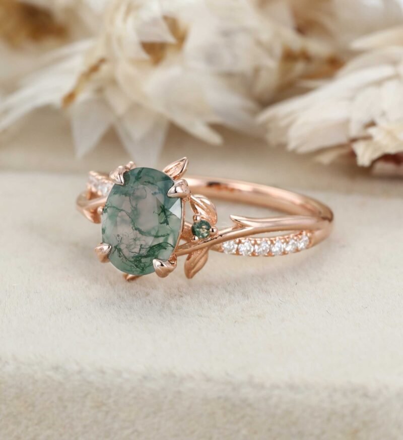 Unique Oval Moss Agate Engagement Ring Twig Leaf Moissanite Ring Nature Branch Ring Vintage art Deco Bridal Wedding Ring