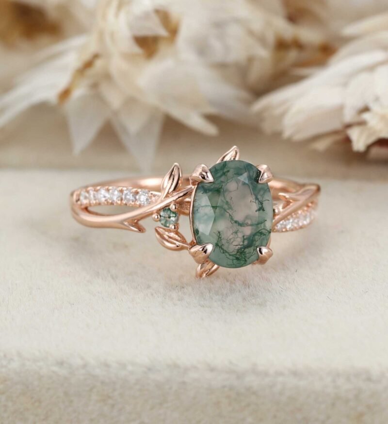 Unique Oval Moss Agate Engagement Ring Twig Leaf Moissanite Ring Nature Branch Ring Vintage art Deco Bridal Wedding Ring