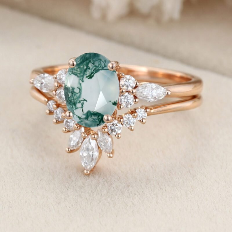 Unique Oval Natural Moss Agate engagement ring set Vintage Moissanite engagement ring Rose gold cluster ring Bridal Promise Anniversary