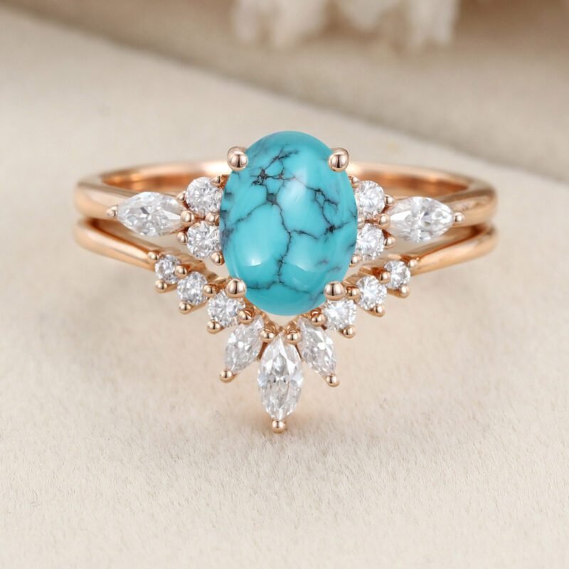 Unique Oval Turquoise engagement ring set Vintage Moissanite engagement ring Rose gold cluster ring Bridal Promise Anniversary gift