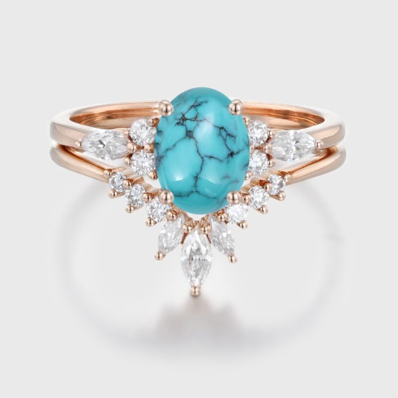 Unique Oval Turquoise engagement ring set Vintage Moissanite engagement ring Rose gold cluster ring Bridal Promise Anniversary gift