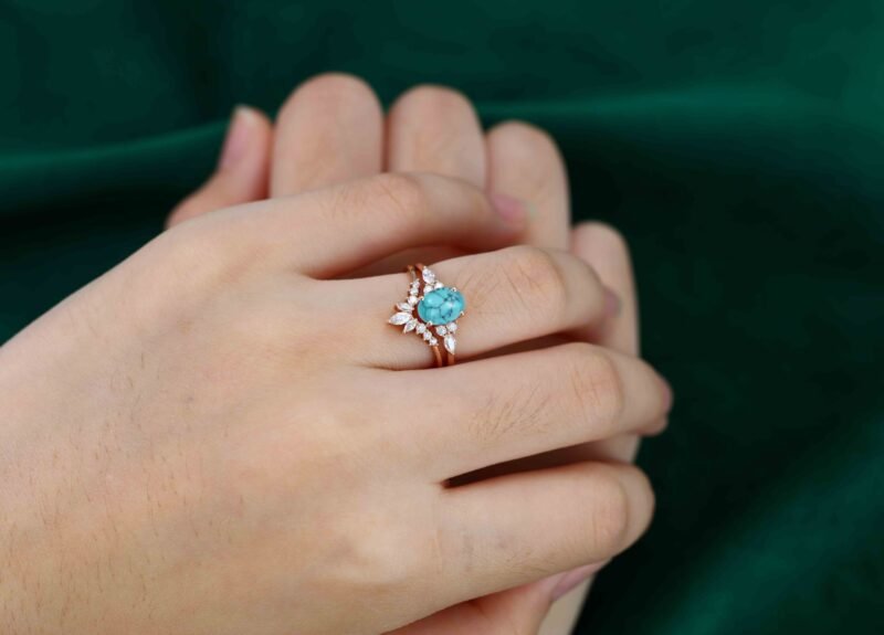 Unique Oval Turquoise engagement ring set Vintage Moissanite engagement ring Rose gold cluster ring Bridal Promise Anniversary gift