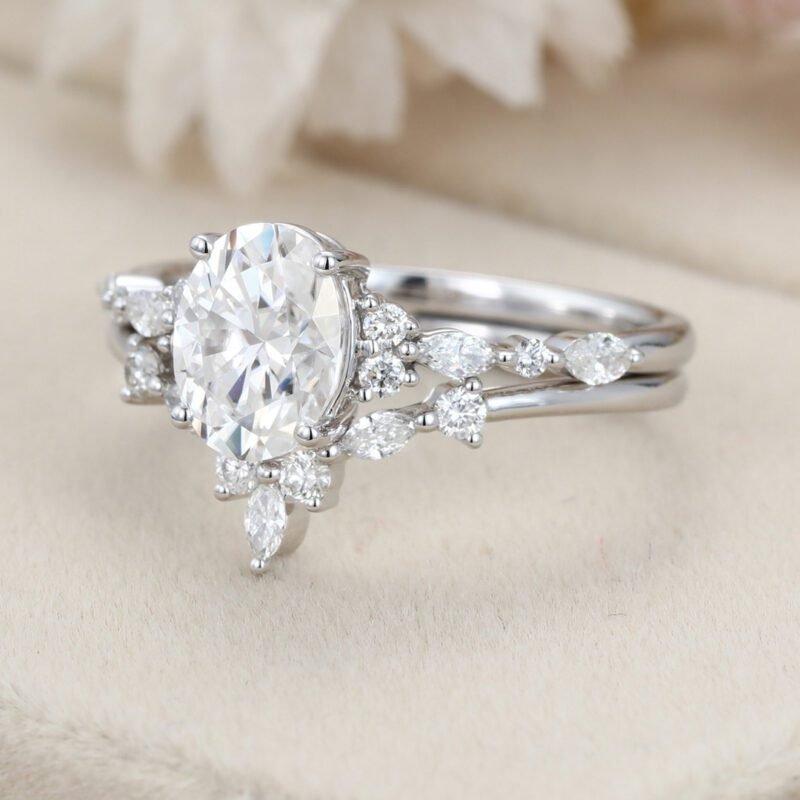 Unique Oval moissanite engagement ring set White gold engagement ring Vintage marquise cluster diamond ring Bridal Promise Anniversary