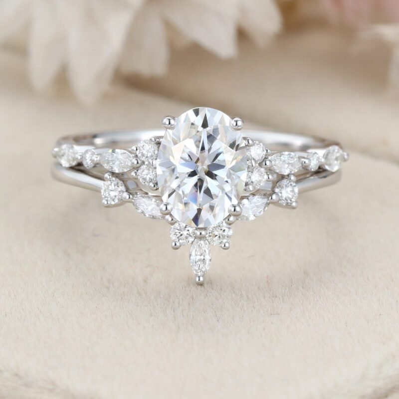 Unique Oval moissanite engagement ring set White gold engagement ring Vintage marquise cluster diamond ring Bridal Promise Anniversary