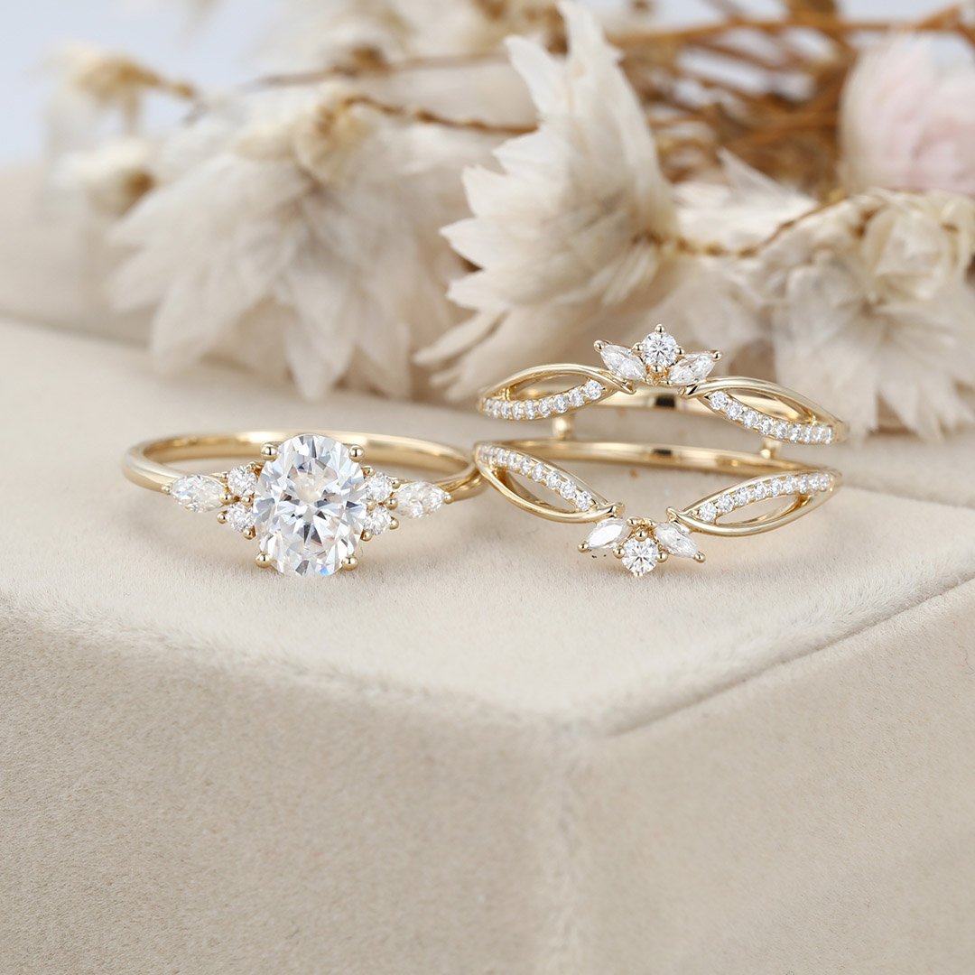 Oval Moonstone Wedding Ring Set, Antique Rainbow Engagement Ring Bridal Set  | Benati