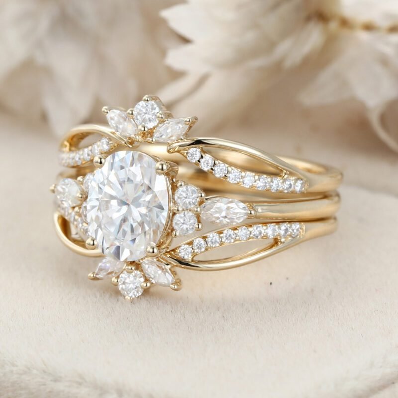 Unique Oval moissanite engagement ring set Yellow gold double wedding ring vintage marquise cluster diamond ring Bridal Promise Anniversary