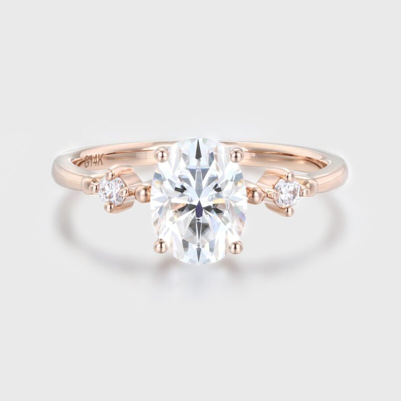 1.5 CT Oval Moissanite Three Stones Engagement Ring In 10K Rose Gold