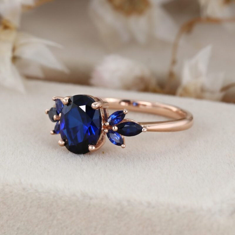 Unique Oval shape engagement ring Lab Blue sapphire engagement ring vintage rose gold ring Marquise wedding ring Bridal anniversary gift