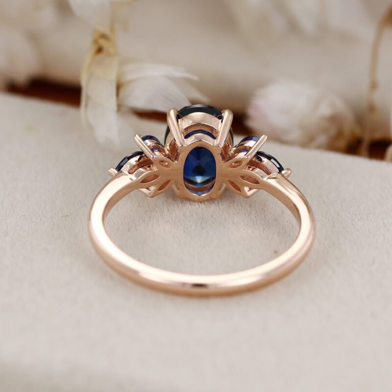 Unique Oval shape engagement ring Lab Blue sapphire engagement ring vintage rose gold ring Marquise wedding ring Bridal anniversary gift