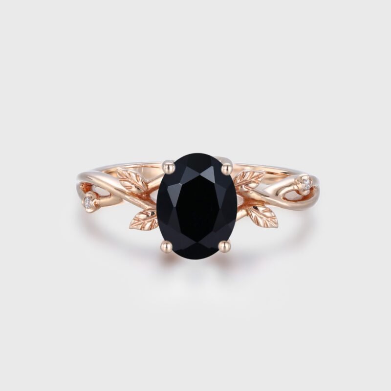 Unique Oval shaped Black Onyx Engagement Ring Vintage Leaf Promise Ring Dainty Twig Branch Ring14K Rose Gold Moss Agate Wedding Ring