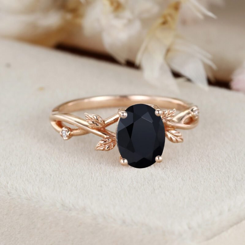 Unique Oval shaped Black Onyx Engagement Ring Vintage Leaf Promise Ring Dainty Twig Branch Ring14K Rose Gold Moss Agate Wedding Ring
