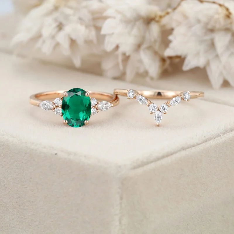Unique Oval shaped Lab Emerald engagement ring set 14K Rose gold Moissanite engagement ring Diamond wedding Bridal Promise Anniversary gift