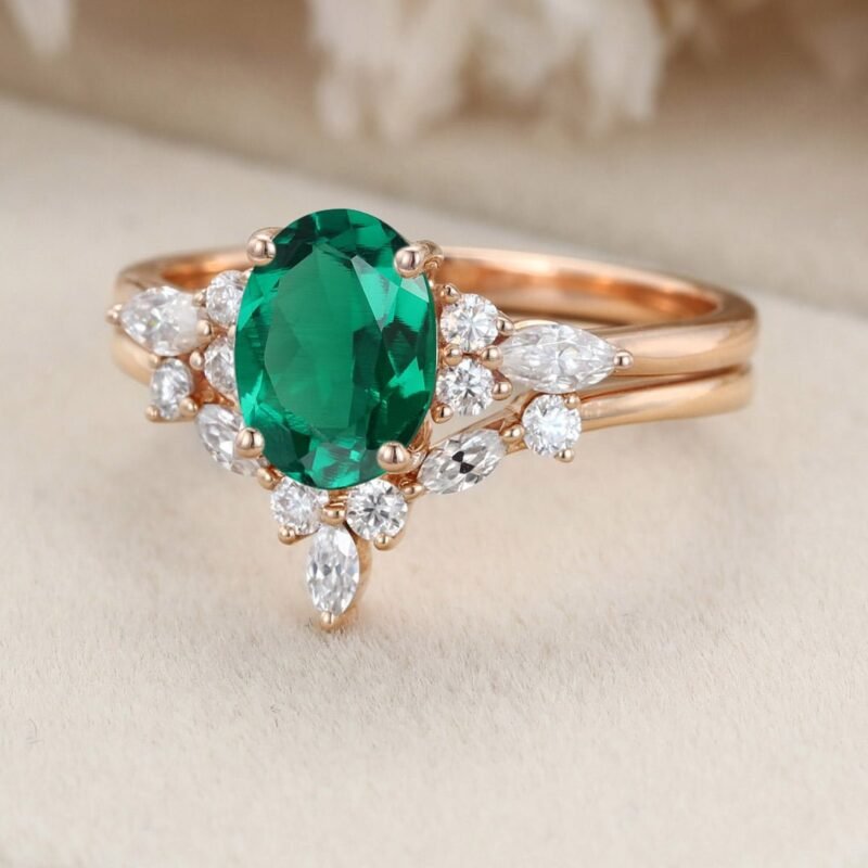 Unique Oval shaped Lab Emerald engagement ring set 14K Rose gold Moissanite engagement ring Diamond wedding Bridal Promise Anniversary gift