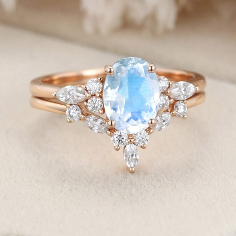 Unique Oval shaped Moonstone engagement ring set Rose gold Moissanite engagement ring Diamond wedding Bridal Promise Anniversary gift ring