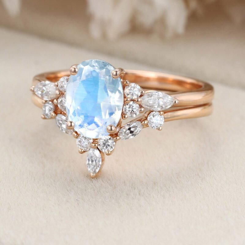 Unique Oval shaped Moonstone engagement ring set Rose gold Moissanite engagement ring Diamond wedding Bridal Promise Anniversary gift ring