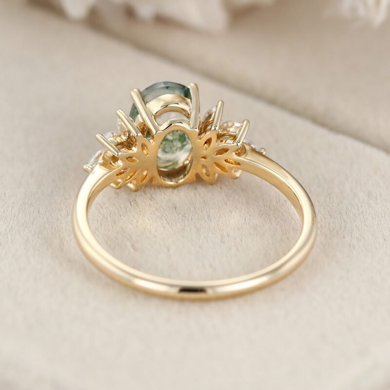 Unique Oval shaped Moss agate Engagement Ring Yelloe gold Moissanite Cluster Engagement Ring Vintage diamond Wedding Anniversary promise Gift
