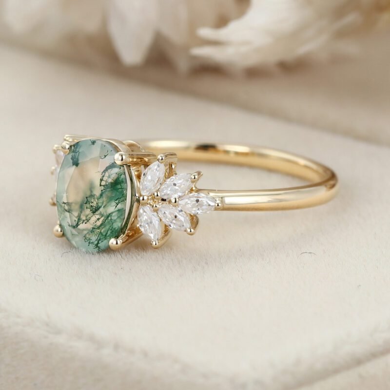 Unique Oval shaped Moss agate Engagement Ring Yelloe gold Moissanite Cluster Engagement Ring Vintage diamond Wedding Anniversary promise Gift