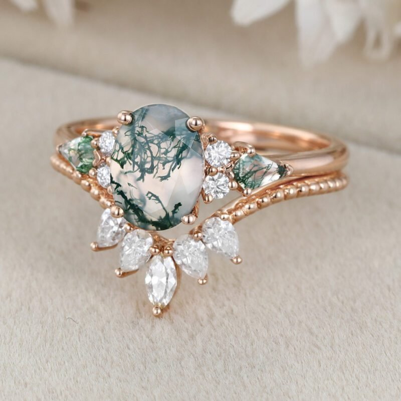Unique Oval shaped Natural Moss Agate engagement ring set Vintage Rose gold diamond Cluster marquise cut art deco Bridal anniversary gift