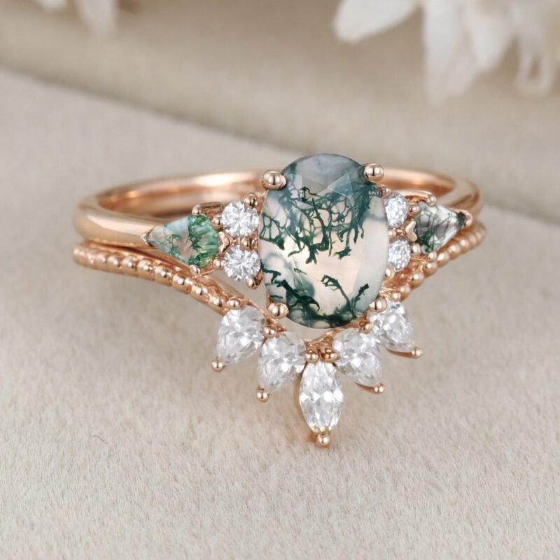 Unique Oval shaped Natural Moss Agate engagement ring set Vintage Rose gold diamond Cluster marquise cut art deco Bridal anniversary gift
