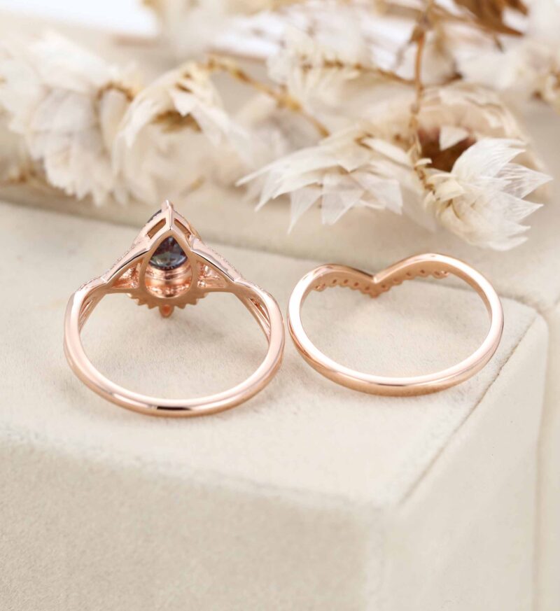 Unique Pear Cut Alexandrite Engagement Ring Set Vintage Rose Gold Diamond Curved Wedding Ring Set