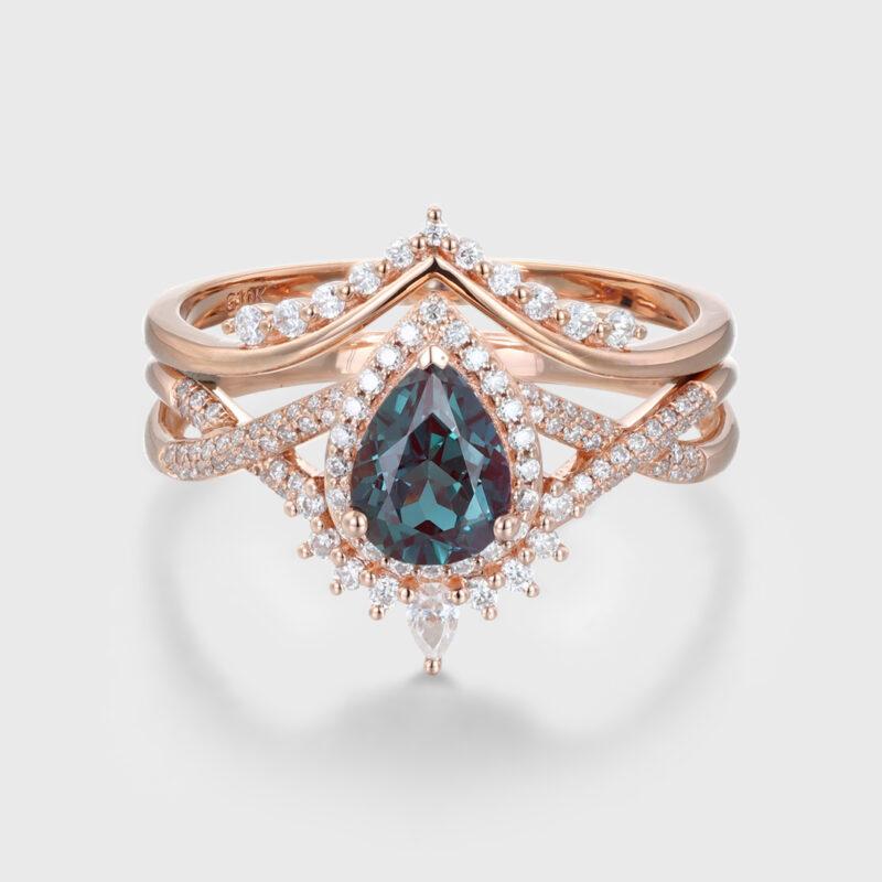 Unique Pear Cut Alexandrite Engagement Ring Set Vintage Rose Gold Diamond Curved Wedding Ring Set