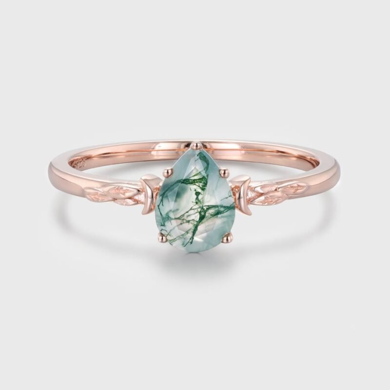 Unique Pear Shaped Moss Agate Engagement Ring Vintage 14K Rose Gold Solitaire Ring Art Deco Moon Style Wedding Bridal Promise Gift