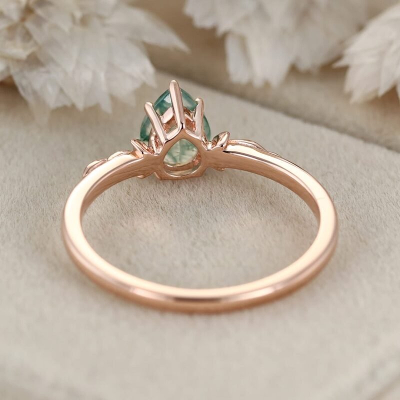 Unique Pear Shaped Moss Agate Engagement Ring Vintage 14K Rose Gold Solitaire Ring Art Deco Moon Style Wedding Bridal Promise Gift