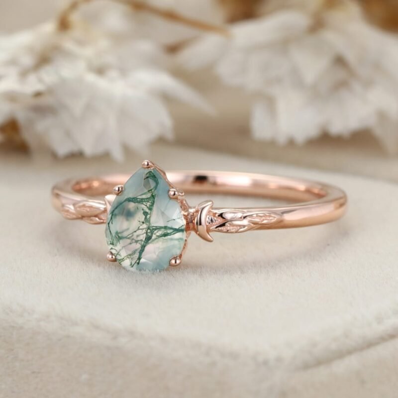 Unique Pear Shaped Moss Agate Engagement Ring Vintage 14K Rose Gold Solitaire Ring Art Deco Moon Style Wedding Bridal Promise Gift