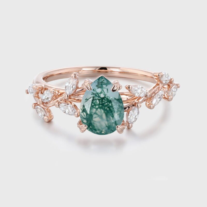 Unique Pear Shaped Nature Inspired Moss Agate Engagement Ring 14K Solid Gold Ring Branch Marquise Diamond Cluster Ring