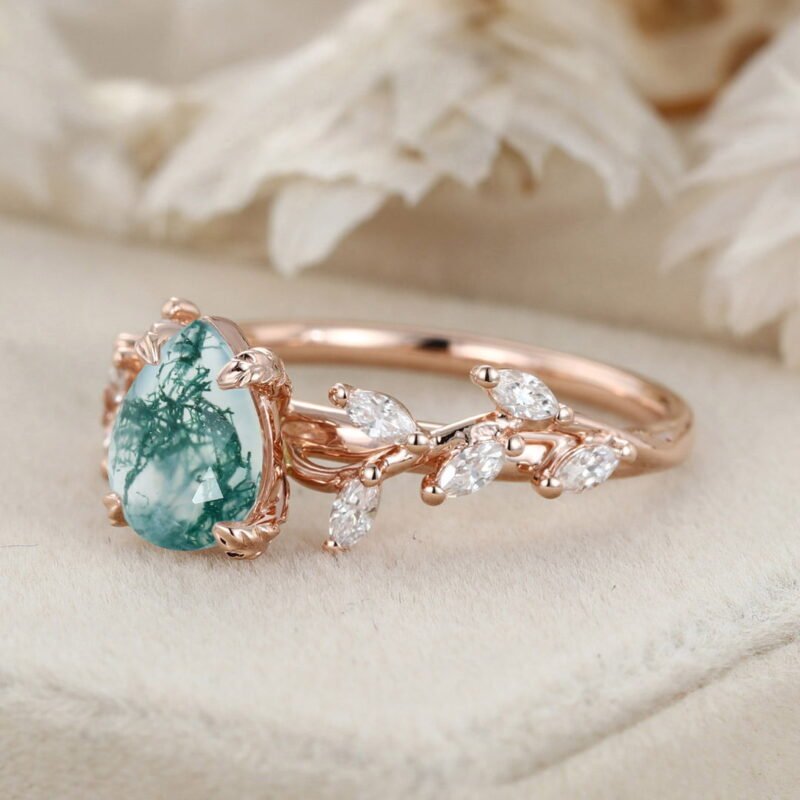 Unique Pear Shaped Nature Inspired Moss Agate Engagement Ring 14K Solid Gold Ring Branch Marquise Diamond Cluster Ring