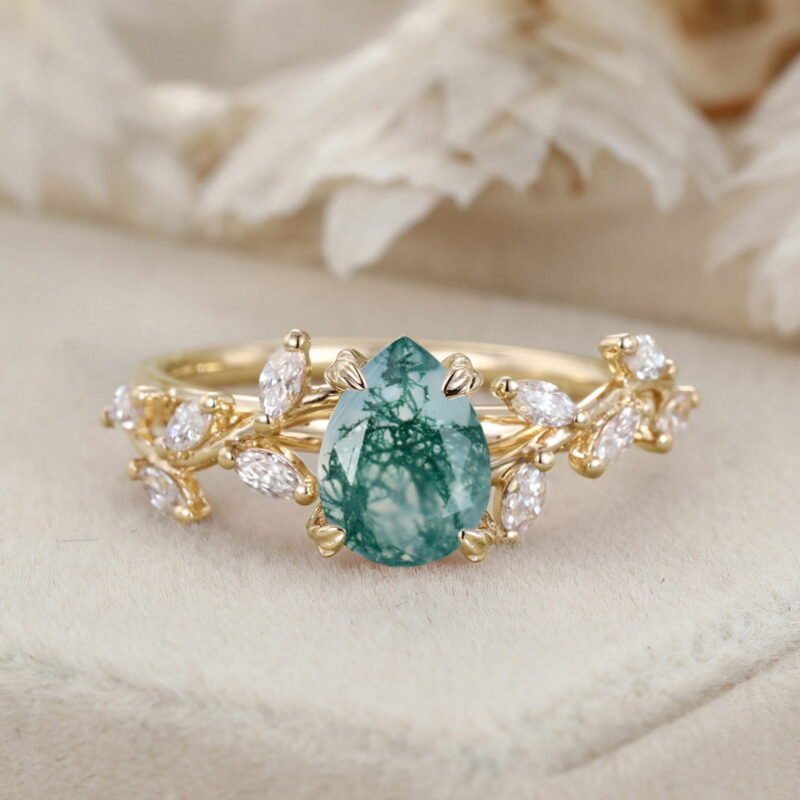 Unique Pear Shaped Nature Inspired Moss Agate Engagement Ring 14K Solid Gold Ring Branch Marquise Diamond Cluster Ring