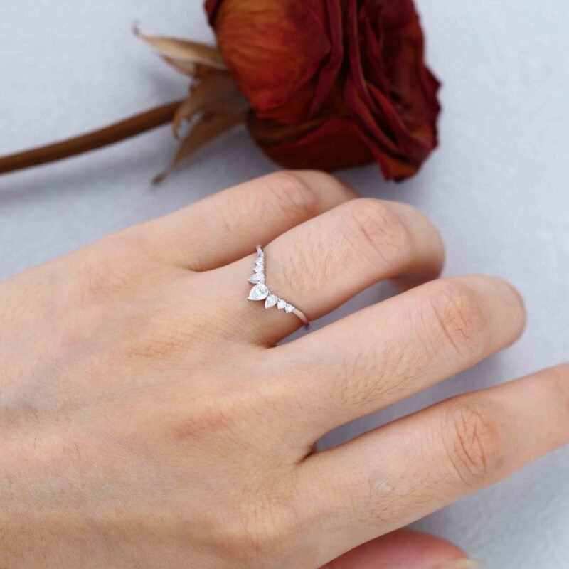 Unique Pear shaped Curved wedding ring Diamond wedding band White gold Moissanite wedding band matching band Bridal promise Anniversary gift