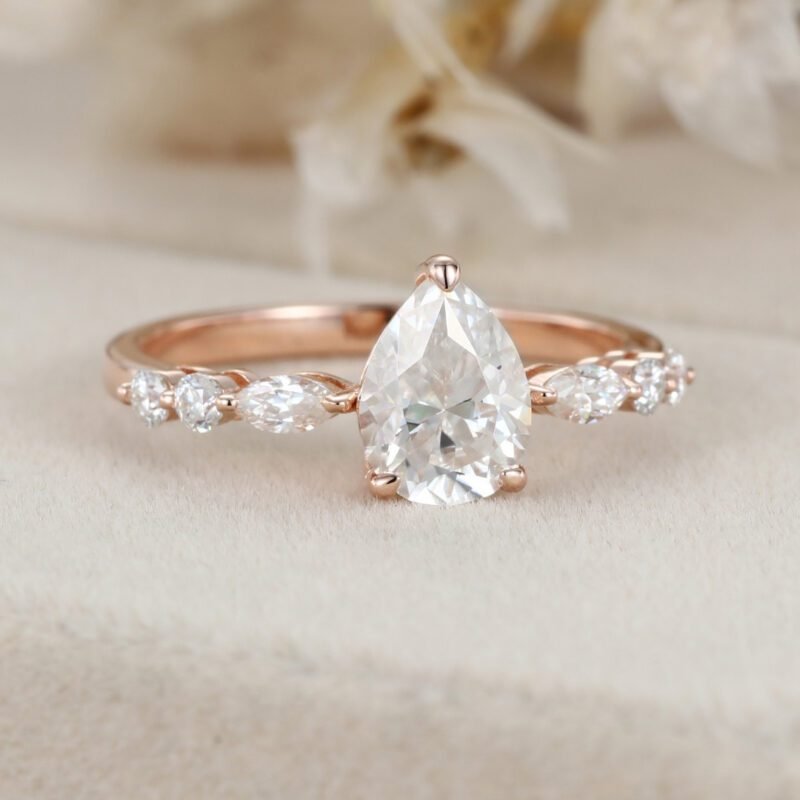 Unique Pear shaped Moissanite engagement ring Vintage rose gold engagement ring diamond ring promise ring Anniversary gift