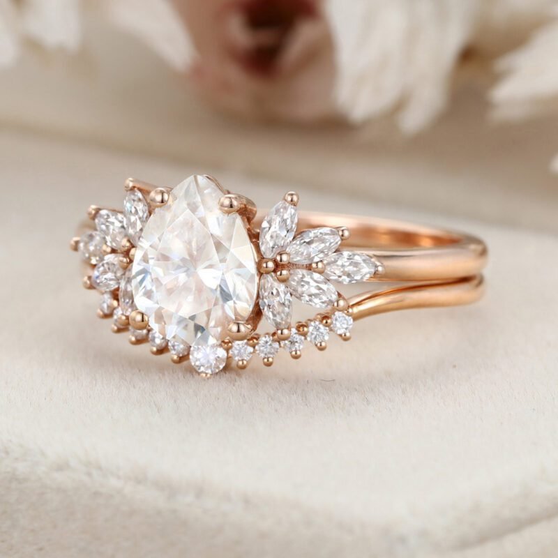 Unique Pear shaped Moissanite engagement ring set Rose gold marquise cluster moissanite engagement ring Diamond wedding Promise gift