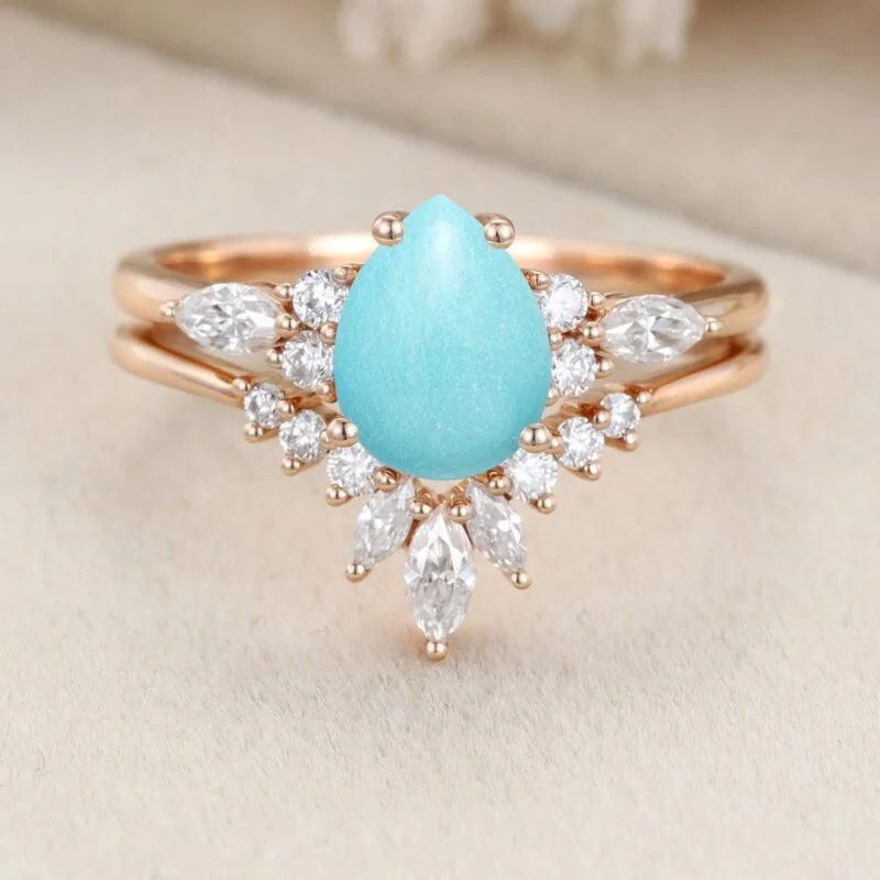 Unique Pear shaped Turquoise Engagement Ring Set Vintage Rose Gold Blue Turquoise Bridal Rings Marquise Moissanite Wedding Band Rings For Women