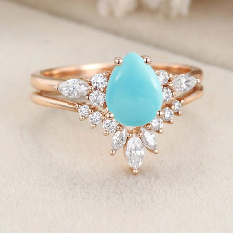 Unique Pear shaped Turquoise Engagement Ring Set Vintage Rose Gold Blue Turquoise Bridal Rings Marquise Moissanite Wedding Band Rings For Women