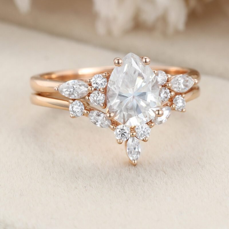 Unique Pear shaped cut Moissanite engagement ring set vintage Rose gold engagement ring women Marquise cut Diamond wedding Bridal gift